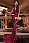 Affordable Burgundy Long Mermaid Halter Sequined Prom Dress with Slit by BIZTUNNEL
