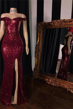 Affordable Long Mermaid Off-the-shoulder Sequined Prom Dress with Slit by BIZTUNNEL