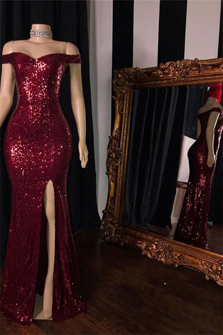 Erschwingliches langes schulterfreies Pailletten-Ballkleid im Meerjungfrauenstil mit Schlitz