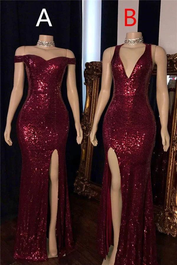 Affordable Long Mermaid Off-the-shoulder Sequined Prom Dress with Slit by BIZTUNNEL