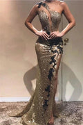 Affordable Long Mermaid One Shoulder Appliques Lace Prom Dress with Sleeves by BIZTUNNEL
