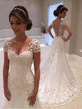 Affordable Long Mermaid V-Neck Lace Backless Wedding Dresses with Cap Sleeves by BIZTUNNEL