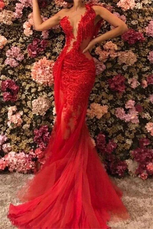 Affordable Red Long Mermaid One Shoulder Tulle Lace Prom Dress by BIZTUNNEL