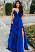 Affordable Royal Blue Long A-line Spaghetti Straps Prom Dress with Slit by BIZTUNNEL