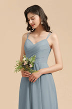 Affordable V-Neck Ruffle Dusty Blue Chiffon Bridesmaid Dresses by misshow.com