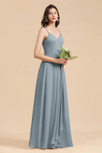 Affordable V-Neck Ruffle Dusty Blue Chiffon Bridesmaid Dresses by misshow.com