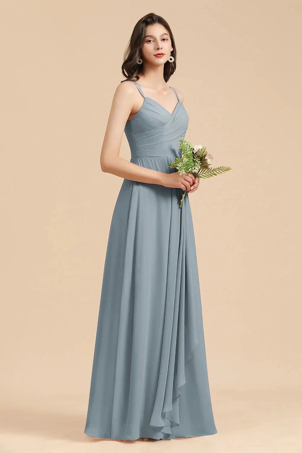 Affordable V-Neck Ruffle Dusty Blue Chiffon Bridesmaid Dresses by misshow.com