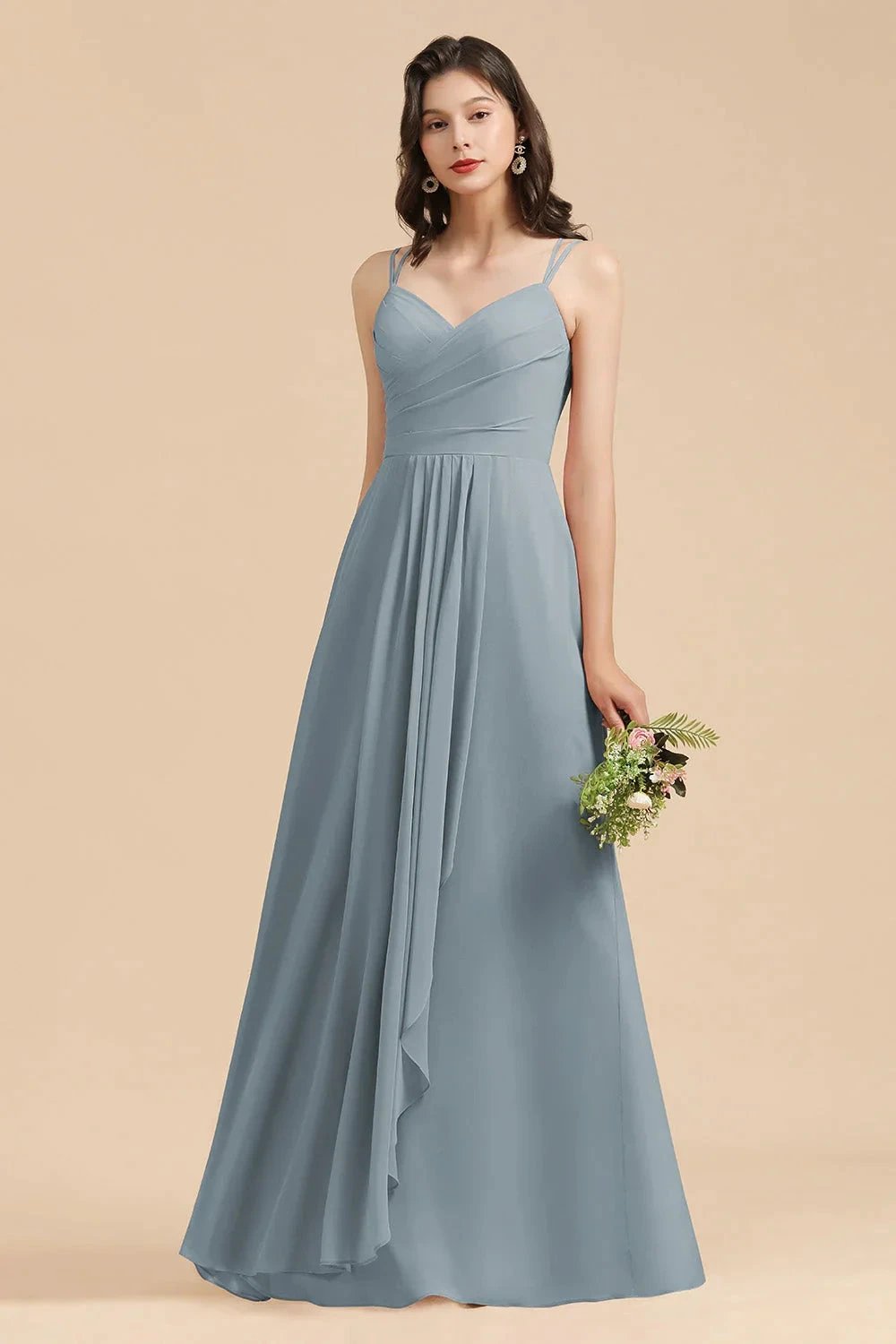 Affordable V-Neck Ruffle Dusty Blue Chiffon Bridesmaid Dresses by misshow.com