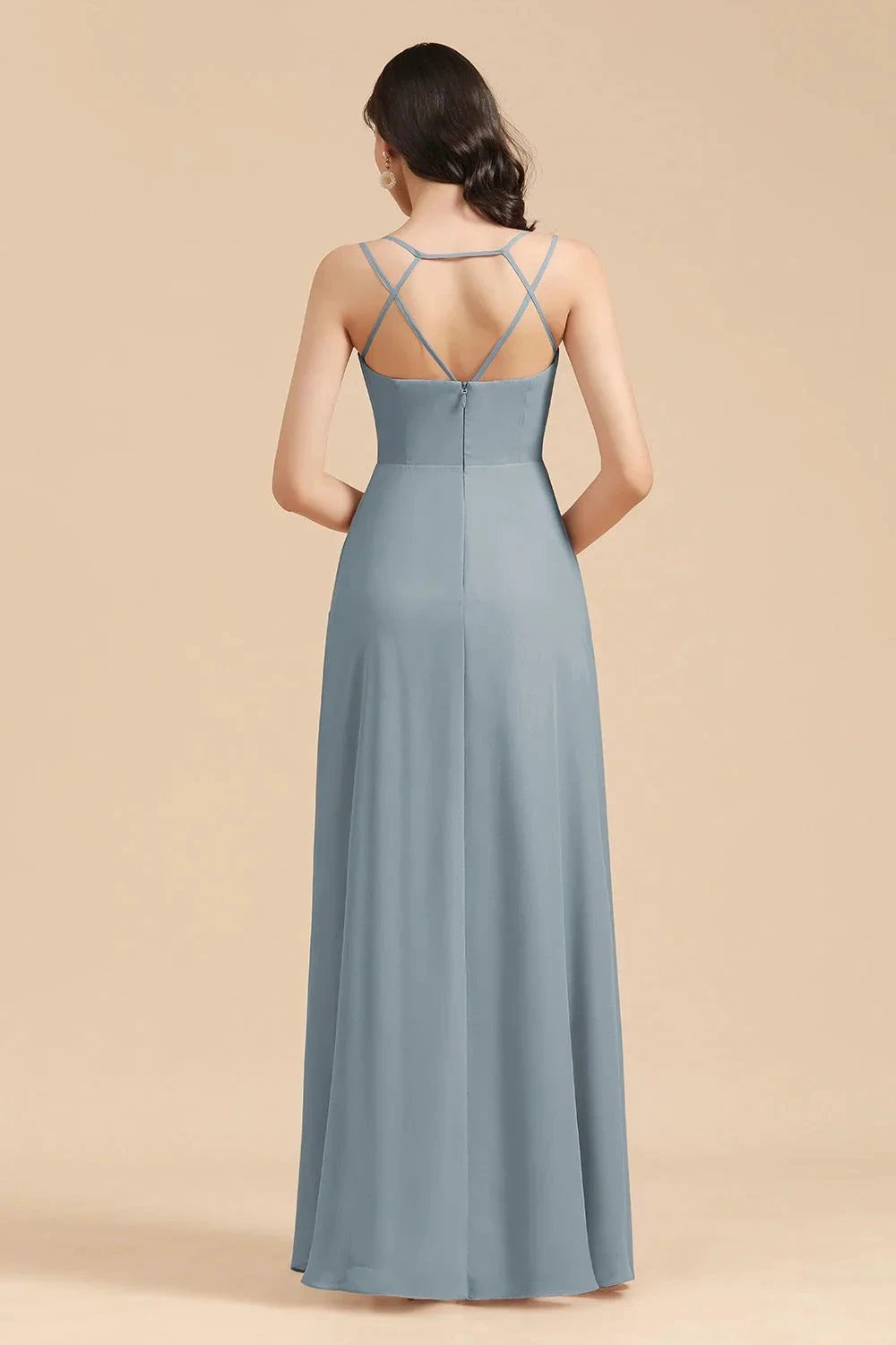 Affordable V-Neck Ruffle Dusty Blue Chiffon Bridesmaid Dresses by misshow.com