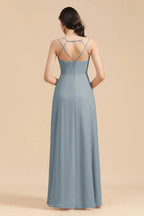 Affordable V-Neck Ruffle Dusty Blue Chiffon Bridesmaid Dresses by misshow.com
