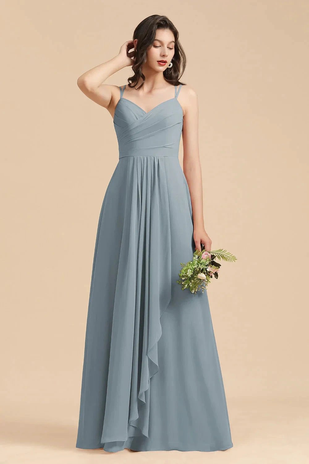 Affordable V-Neck Ruffle Dusty Blue Chiffon Bridesmaid Dresses by misshow.com