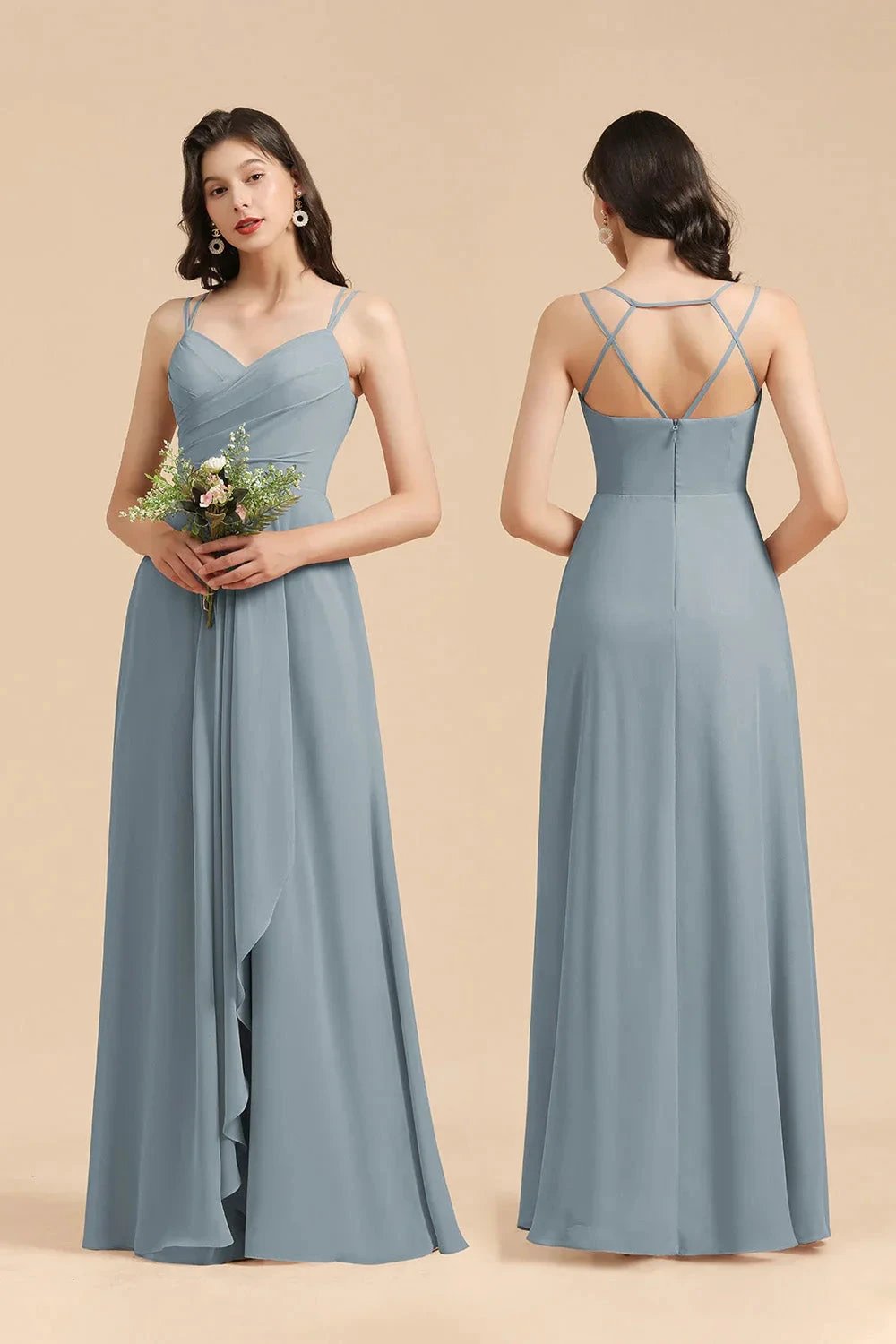 Affordable V-Neck Ruffle Dusty Blue Chiffon Bridesmaid Dresses by misshow.com