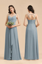 Affordable V-Neck Ruffle Dusty Blue Chiffon Bridesmaid Dresses by misshow.com