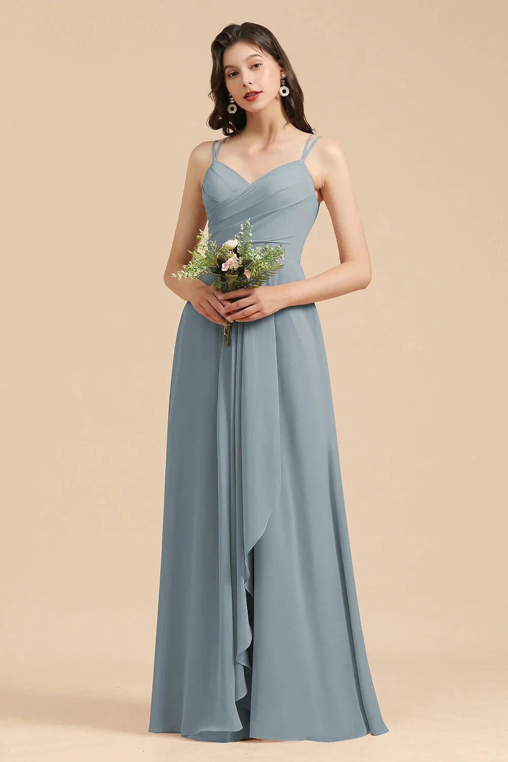 Affordable V-Neck Ruffle Dusty Blue Chiffon Bridesmaid Dresses by misshow.com