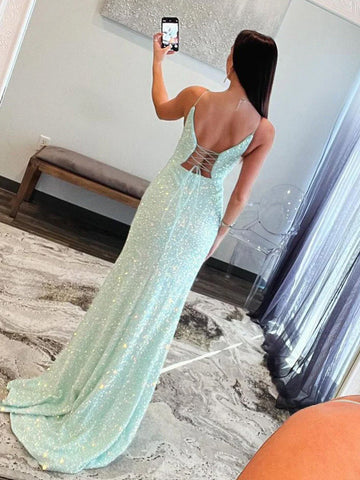 Ailsa | Mintgrünes langes Ballkleid im Meerjungfrau-Stil mit Spaghettiträgern und Pailletten