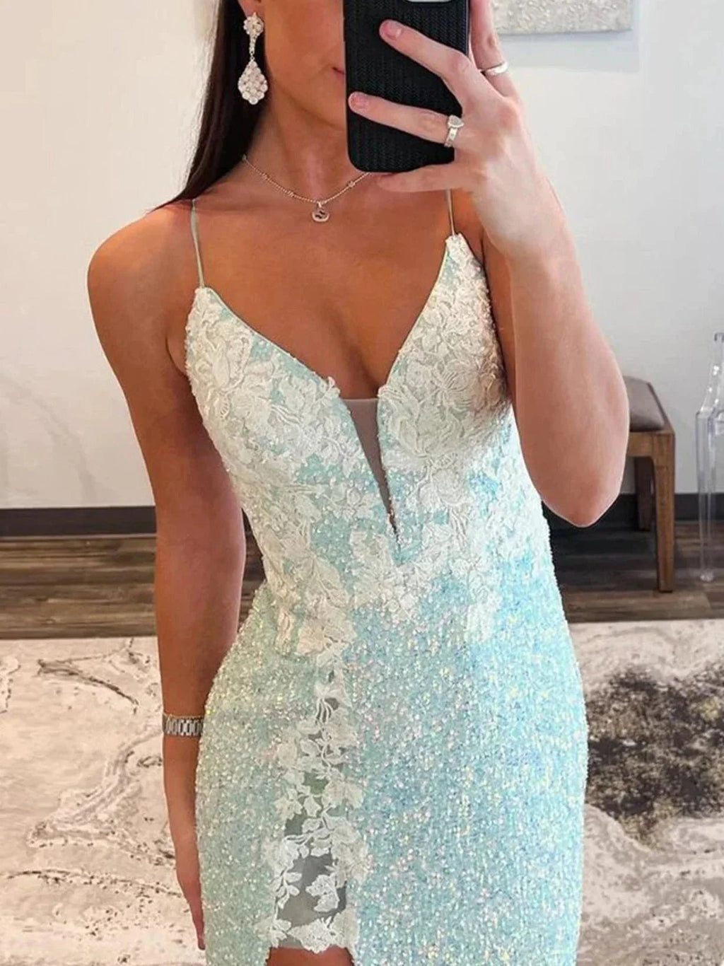 Ailsa | Mint Green Spaghetti Straps Sequins Mermaid Long Prom Dresses With Split by KissProm