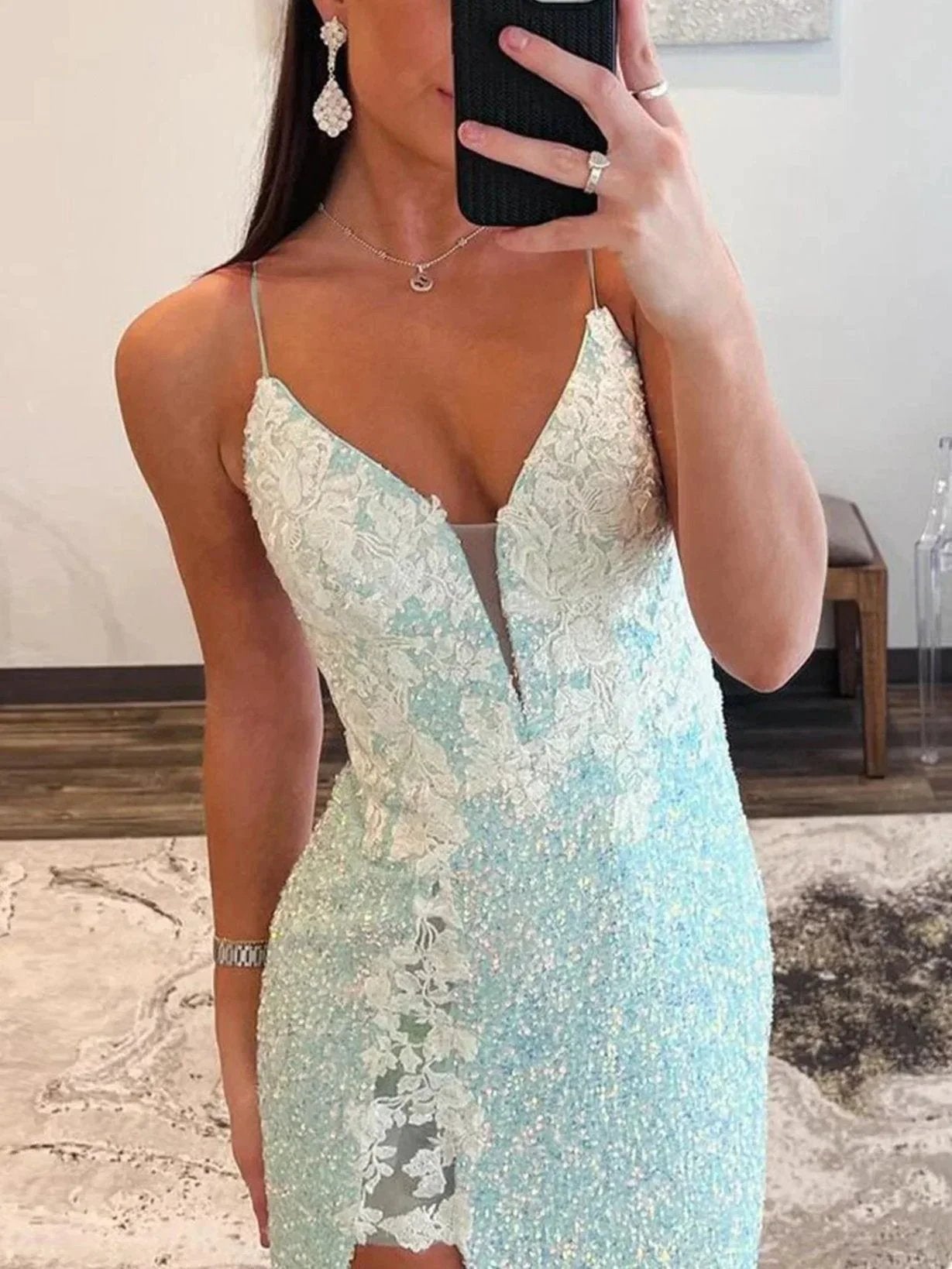 Ailsa | Mint Green Spaghetti Straps Sequins Mermaid Long Prom Dresses With Split by KissProm
