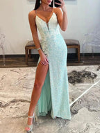 Ailsa | Mint Green Spaghetti Straps Sequins Mermaid Long Prom Dresses With Split by KissProm