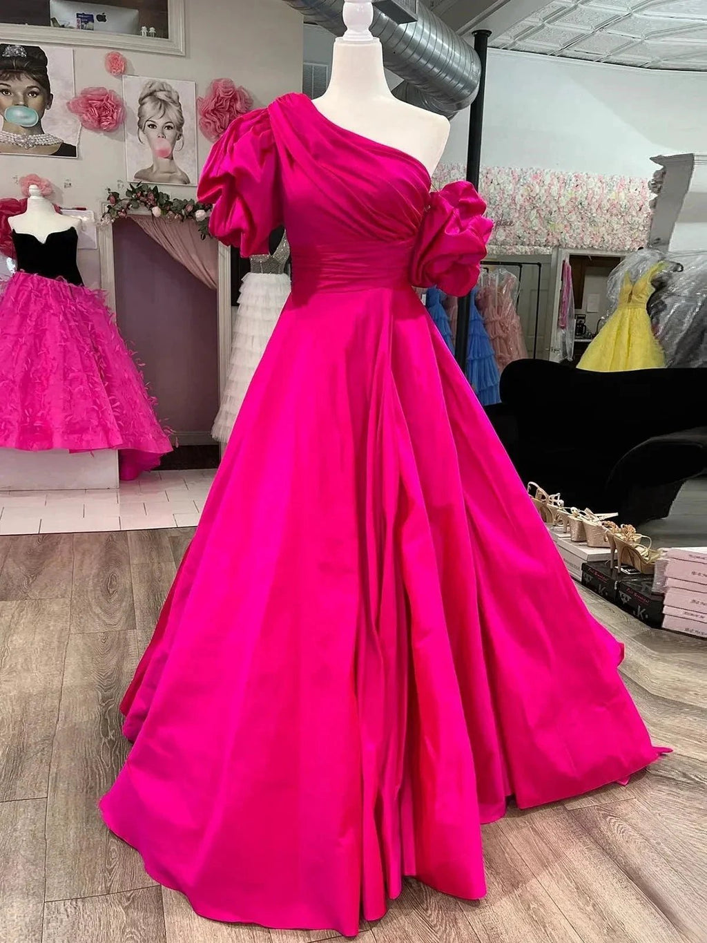 Alan | Fuchsia One-Shoulder A-Line Long Prom Dress with Puff Sleeves by KissProm