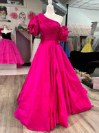 Alan | Fuchsia One-Shoulder A-Line Long Prom Dress with Puff Sleeves by KissProm
