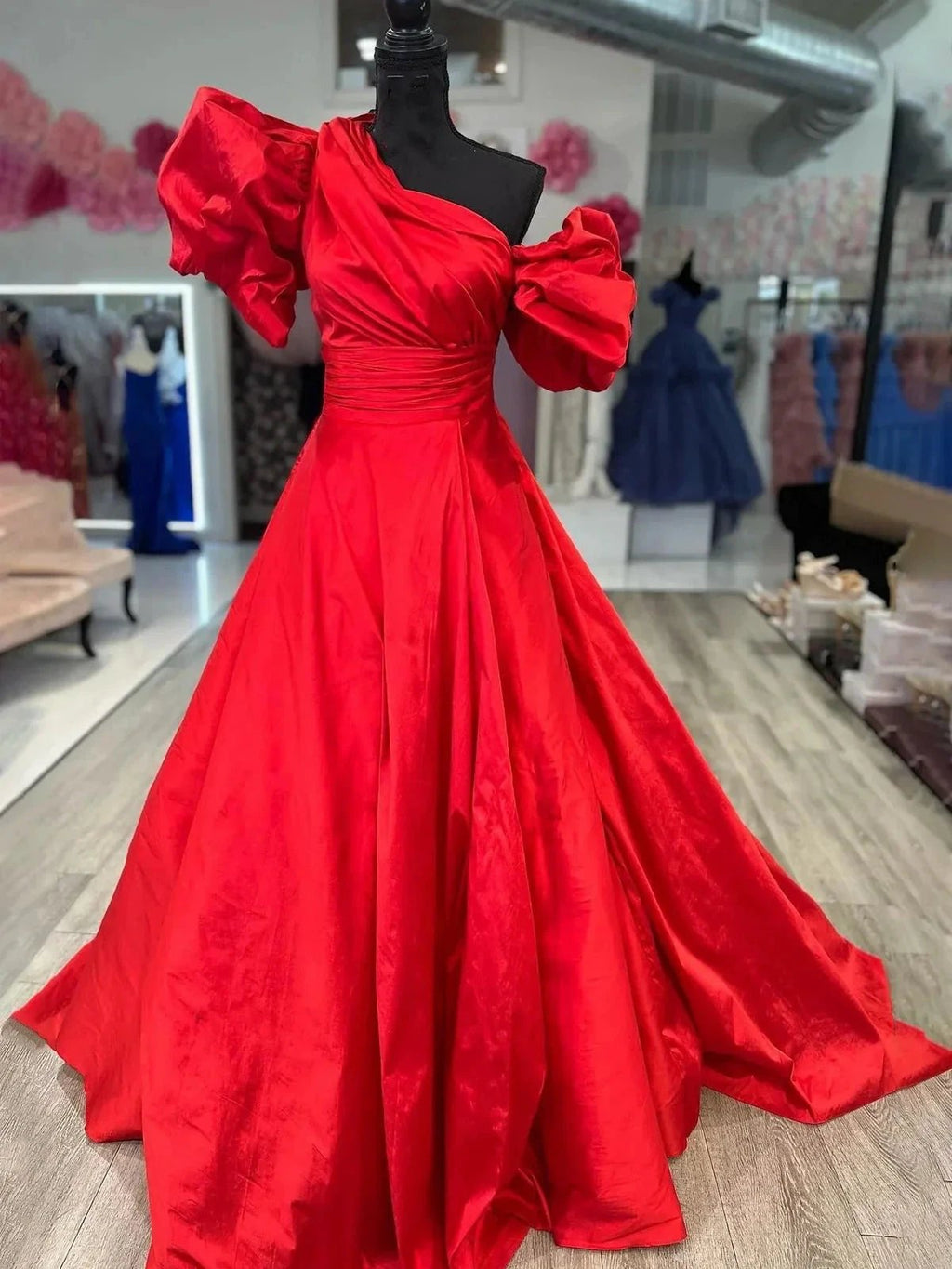 Alan | Fuchsia One-Shoulder A-Line Long Prom Dress with Puff Sleeves by KissProm