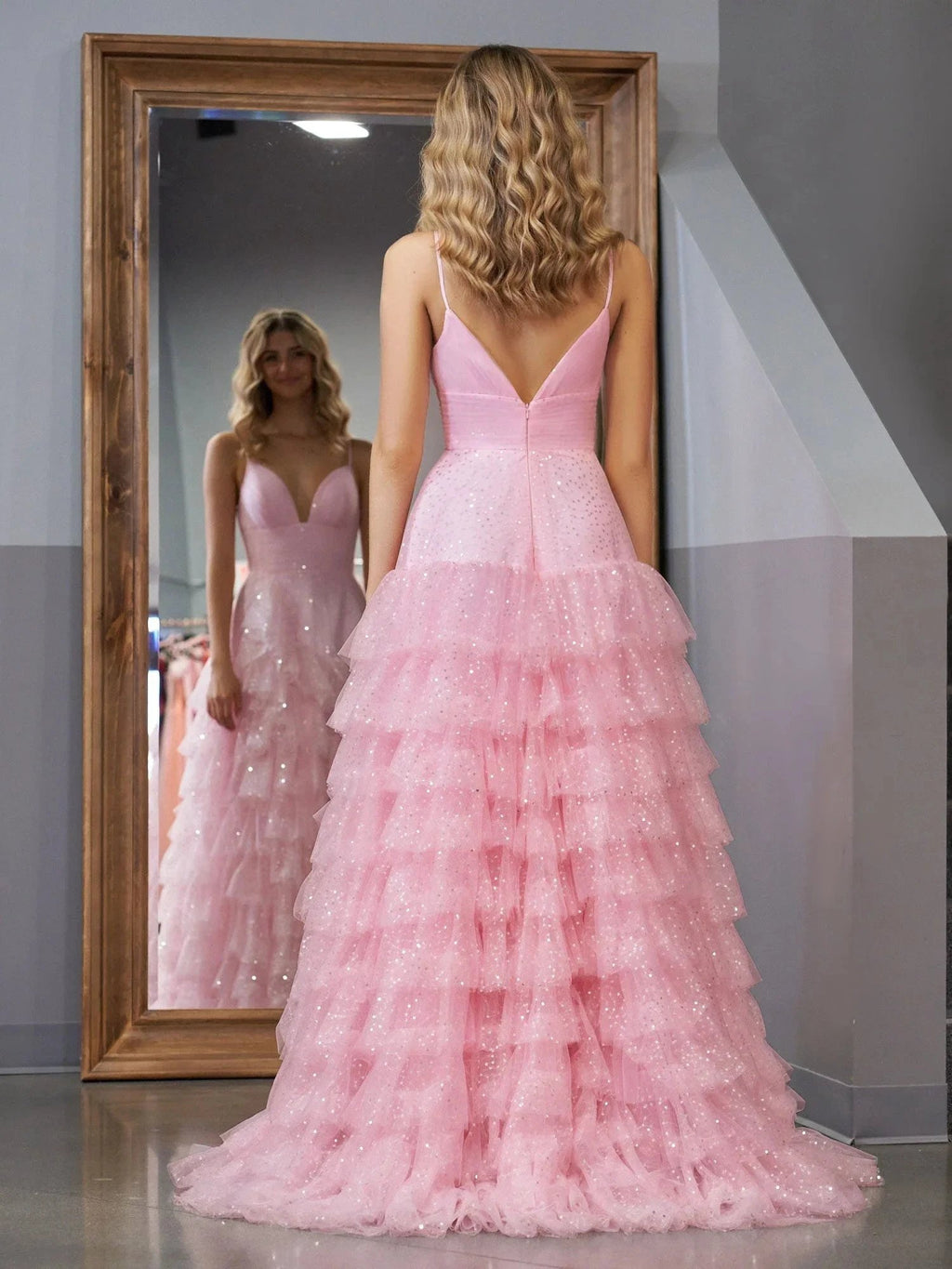 Alianna | Light Pink A-Line Tiered Spaghetti Straps Tulle Prom Dress by KissProm