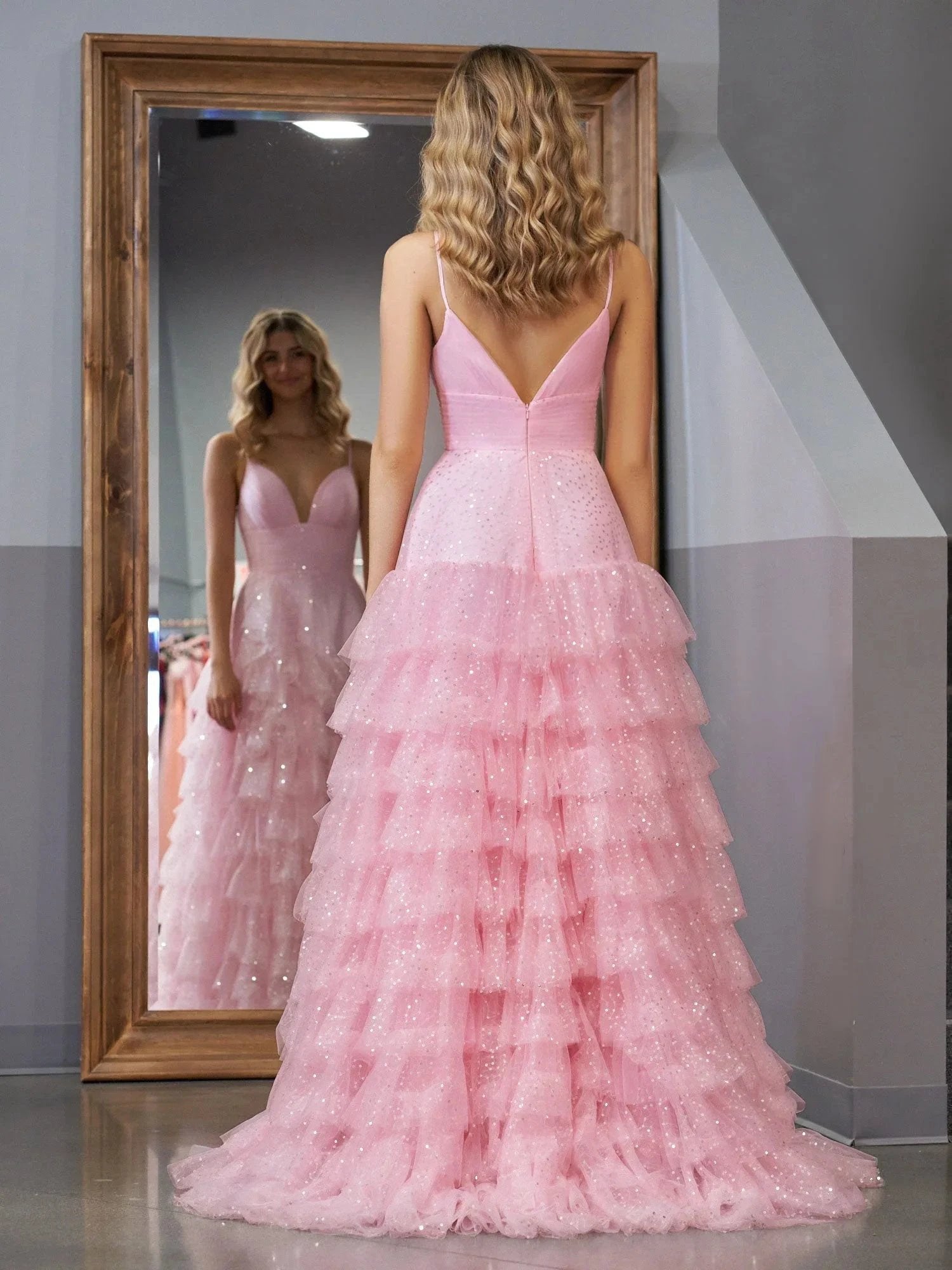 Alianna | Light Pink A-Line Tiered Spaghetti Straps Tulle Prom Dress by KissProm