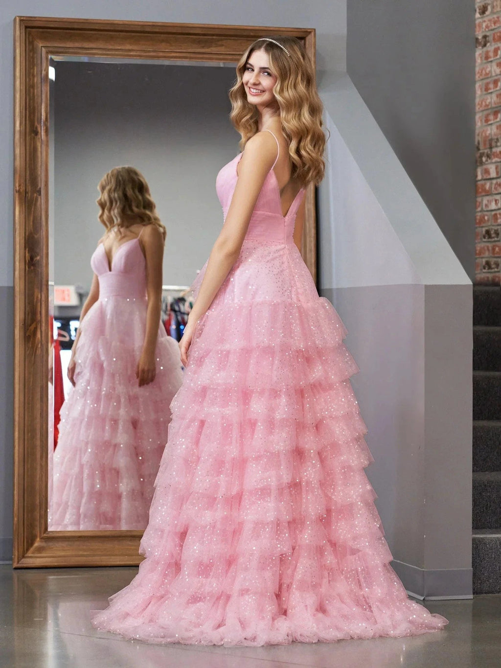 Alianna | Light Pink A-Line Tiered Spaghetti Straps Tulle Prom Dress by KissProm
