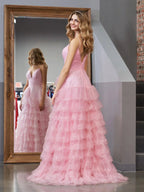 Alianna | Light Pink A-Line Tiered Spaghetti Straps Tulle Prom Dress by KissProm