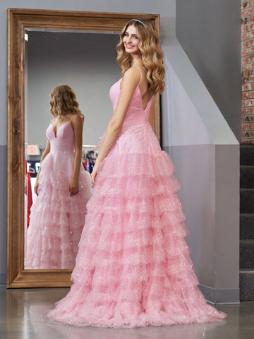 Alianna | Hellrosa A-Linien-Ballkleid aus Tüll mit gestuften Spaghettiträgern 
