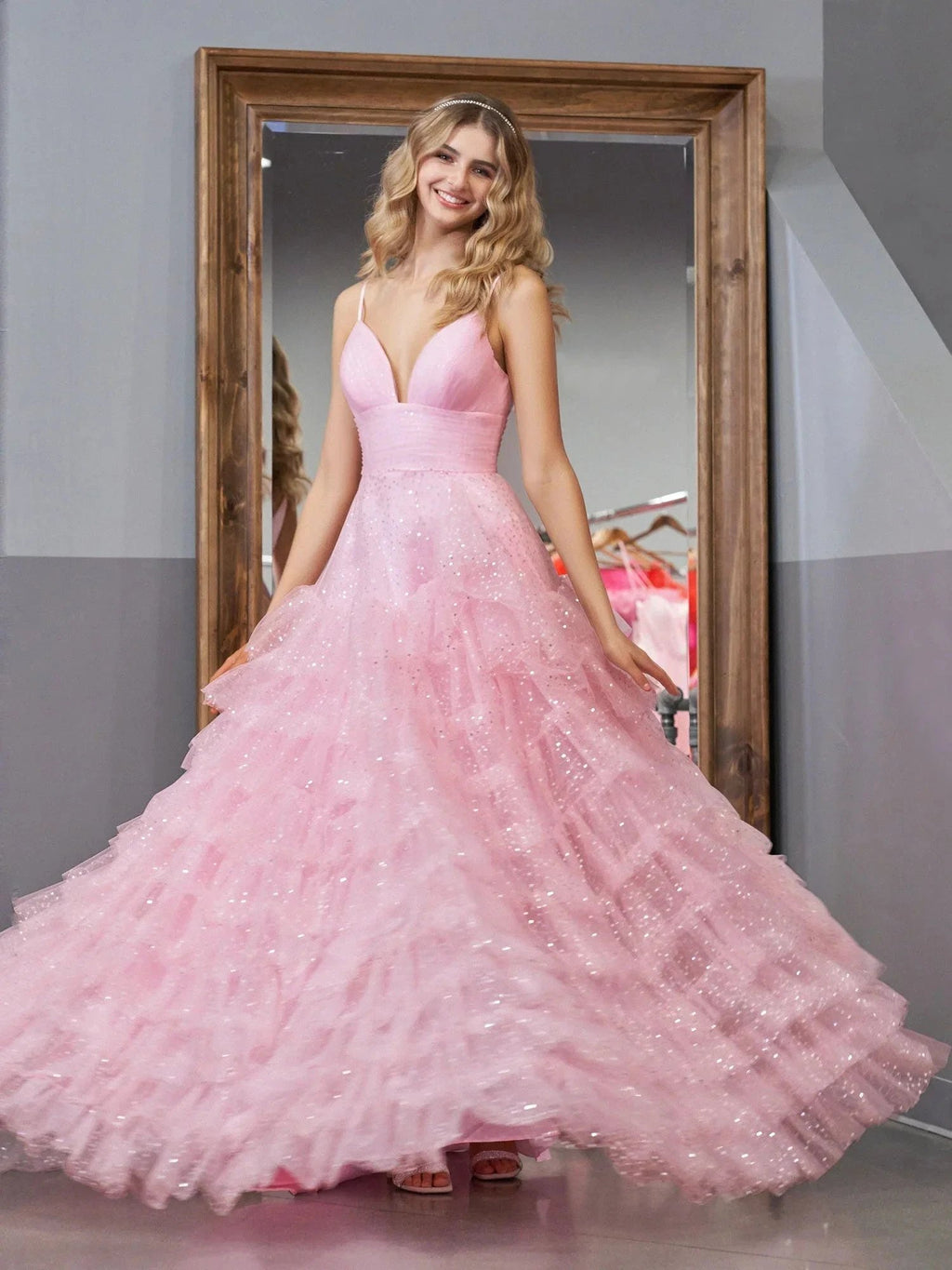 Alianna | Light Pink A-Line Tiered Spaghetti Straps Tulle Prom Dress by KissProm