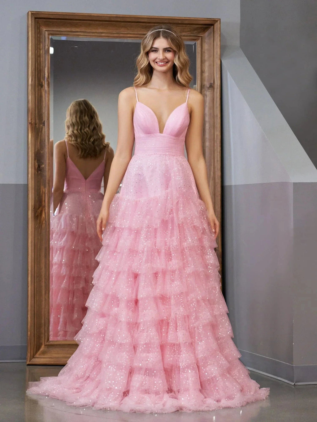 Alianna | Light Pink A-Line Tiered Spaghetti Straps Tulle Prom Dress by KissProm