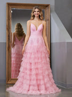 Alianna | Light Pink A-Line Tiered Spaghetti Straps Tulle Prom Dress by KissProm