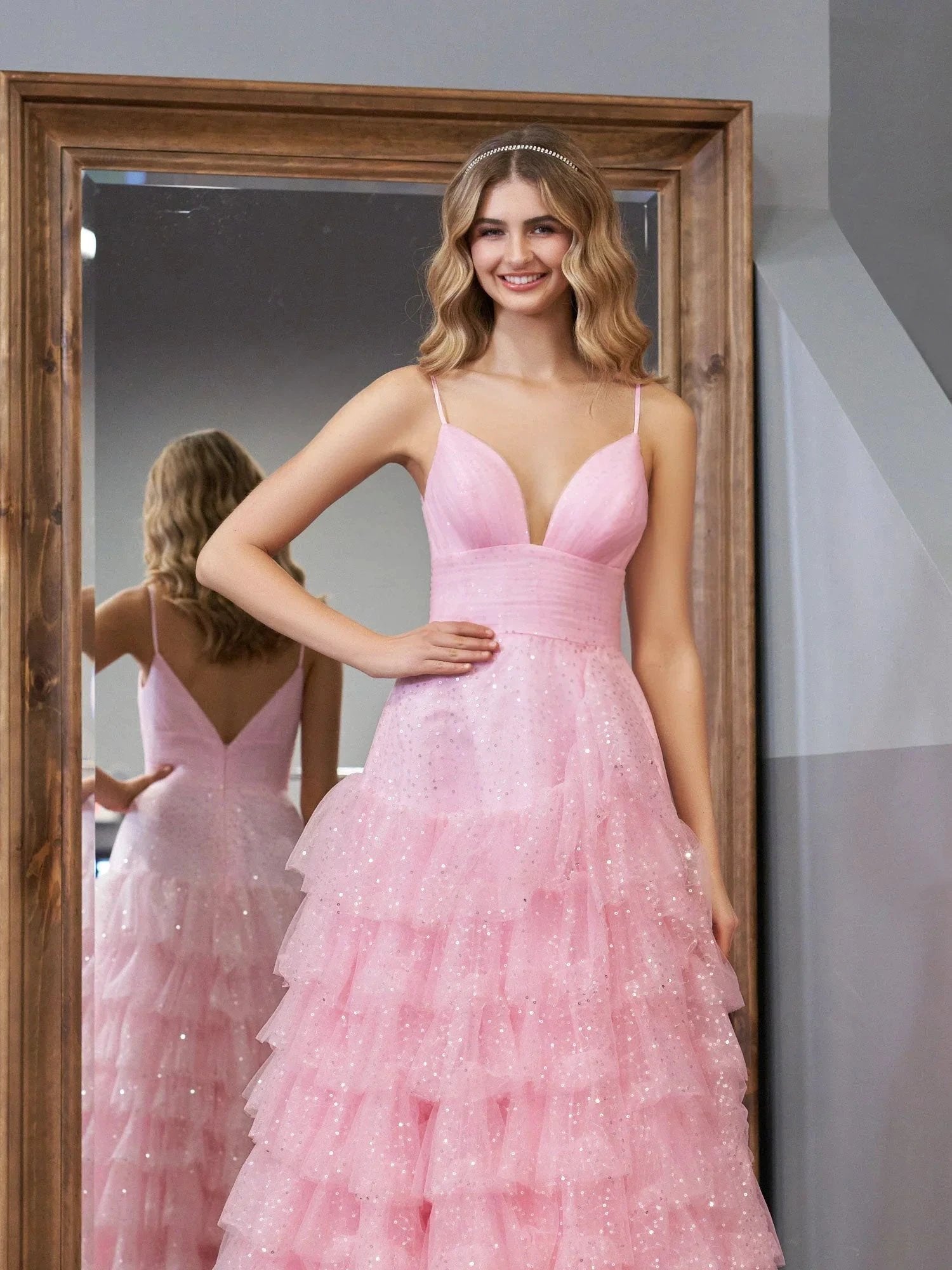Alianna | Light Pink A-Line Tiered Spaghetti Straps Tulle Prom Dress by KissProm