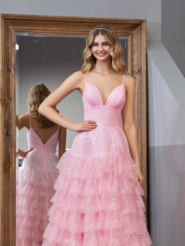Alianna | Hellrosa A-Linien-Ballkleid aus Tüll mit gestuften Spaghettiträgern 