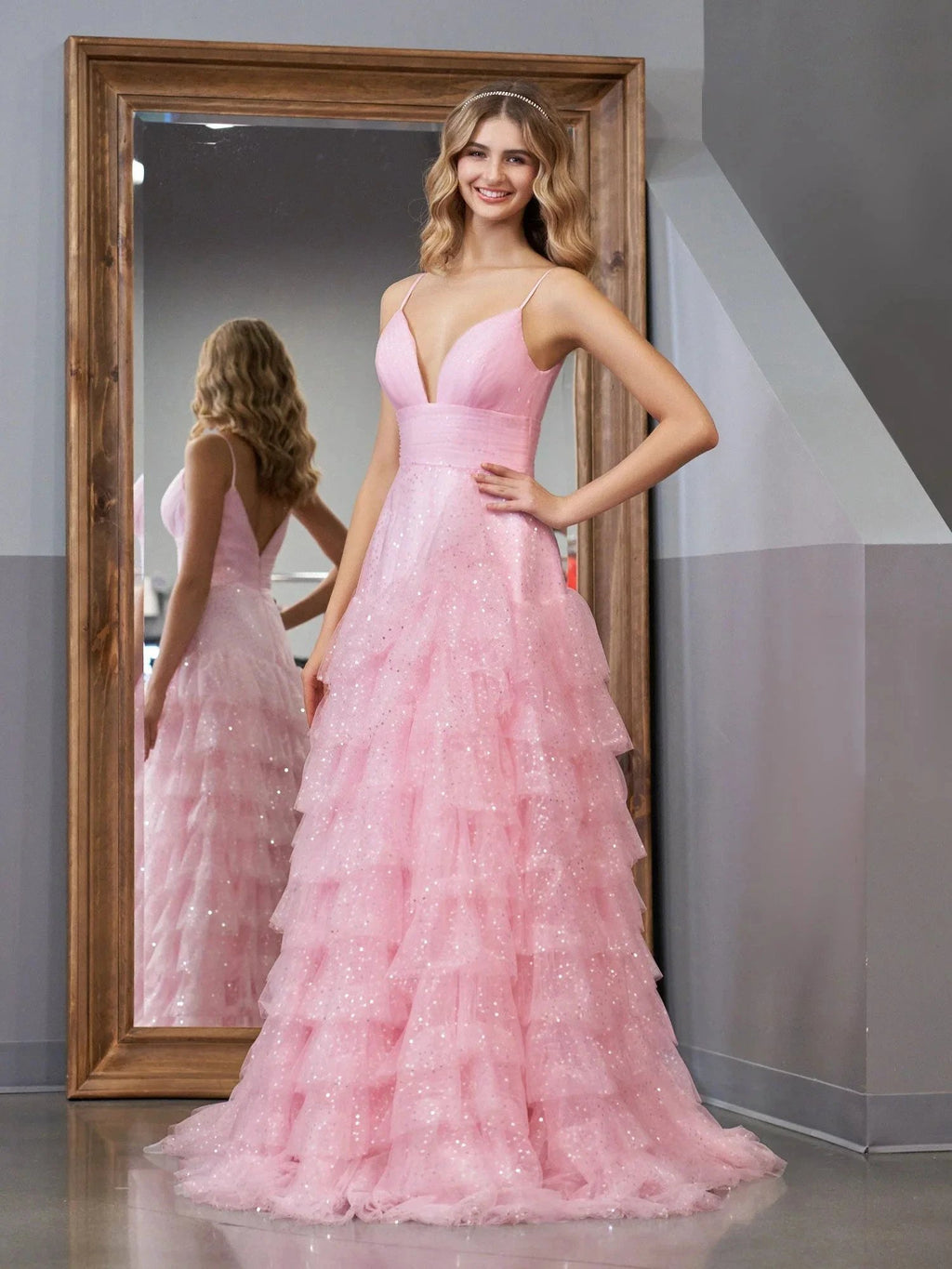 Alianna | Light Pink A-Line Tiered Spaghetti Straps Tulle Prom Dress by KissProm