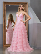 Alianna | Light Pink A-Line Tiered Spaghetti Straps Tulle Prom Dress by KissProm
