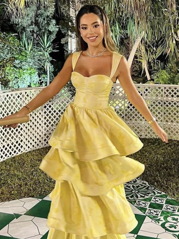 Alivia | Langes Party-Ballkleid in Pastellgelb mit Rüschen und Stufen in A-Linie