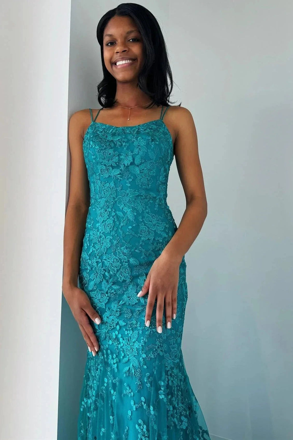 Elma | Turquoise Appliques Lace-Up Trumpet Long Prom Dress by KissProm