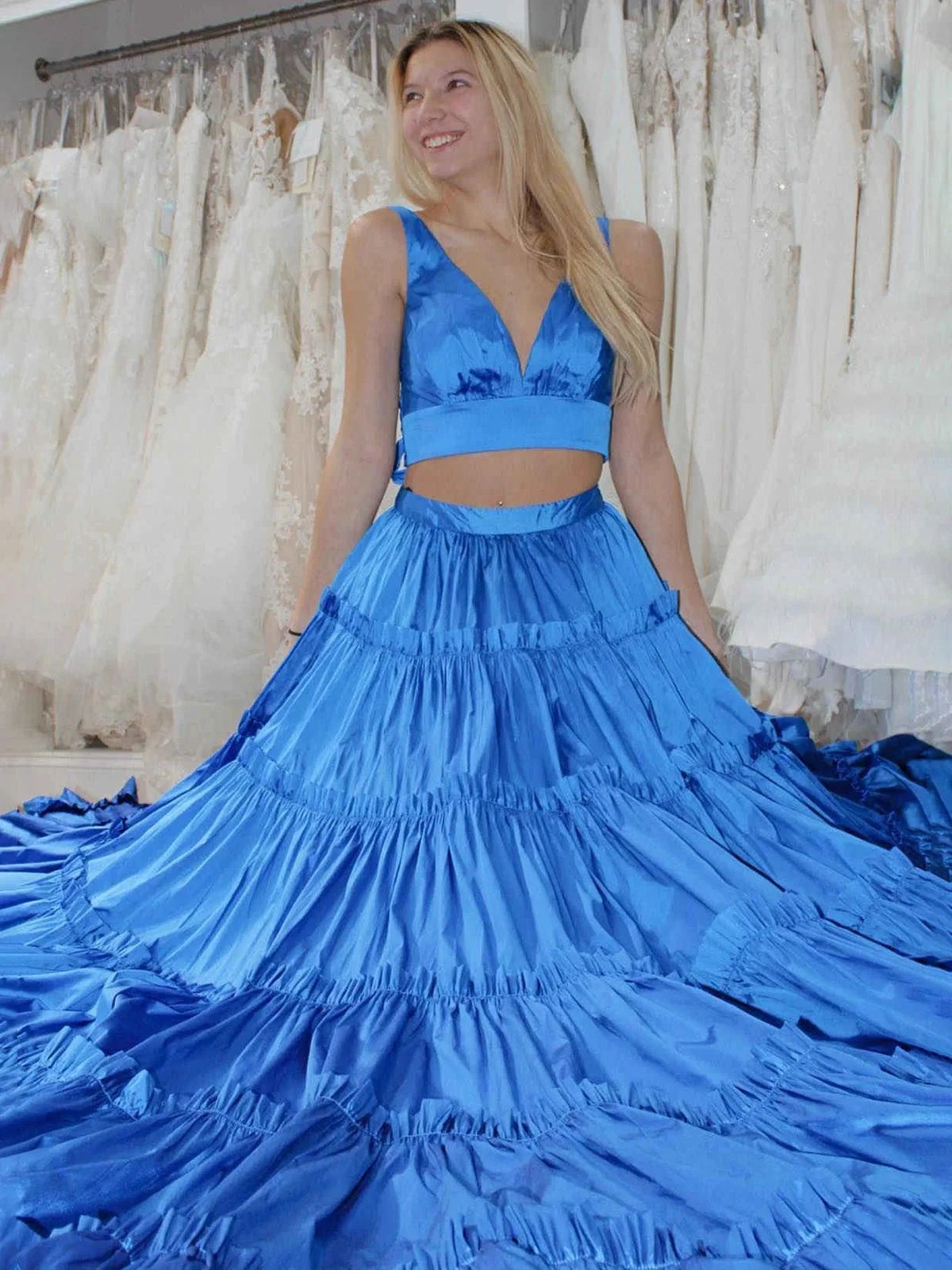 Aloe | A-Line Yellow V-Neck Ruffle Taffeta Two Piece Prom Dress by KissProm