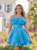 Blue A-Line Strapless Pleated Short Tiered Homecoming Dress