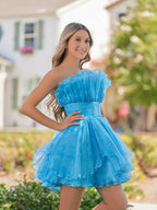 Blue A-Line Strapless Pleated Short Tiered Homecoming Dress
