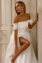 Amazing A-Line Chiffon Tulle Off-The-Shoulder Sleeveless White Wedding Dress With Split Front by misshow.com