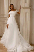 Amazing A-Line Chiffon Tulle Off-The-Shoulder Sleeveless White Wedding Dress With Split Front by misshow.com