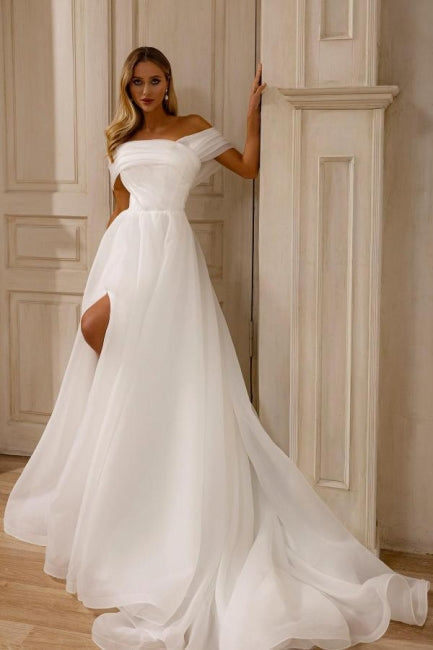 Amazing A-Line Chiffon Tulle Off-The-Shoulder Sleeveless White Wedding Dress With Split Front Hover Image