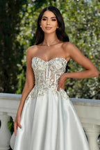 Amazing A-Line Satin Lace Sweetheart Sleeveless Ivory Prom Dress With Appliques by misshow.com