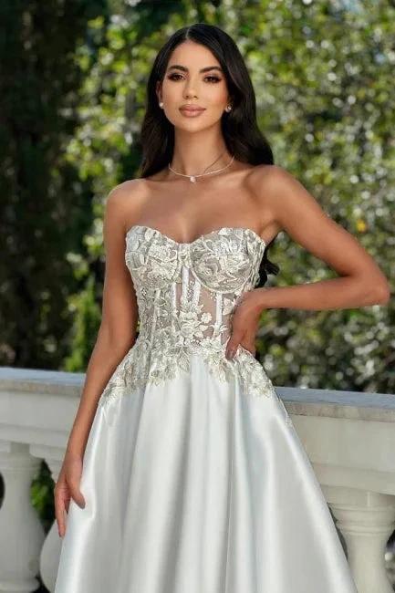 Amazing A-Line Satin Lace Sweetheart Sleeveless Ivory Prom Dress With Appliques by misshow.com
