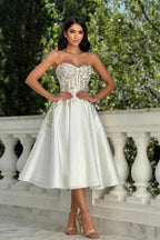 Amazing A-Line Satin Lace Sweetheart Sleeveless Ivory Prom Dress With Appliques by misshow.com
