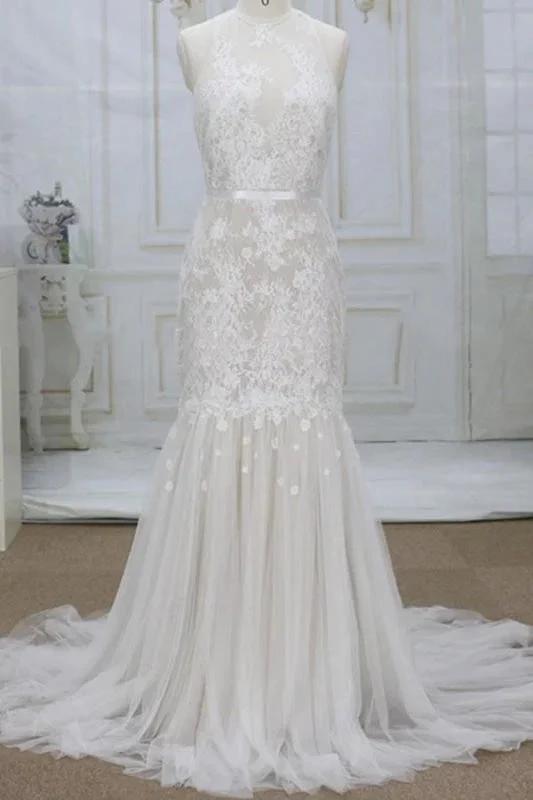 Amazing Appliques Tulle Mermaid Elegant Wedding Dresses by misshow.com
