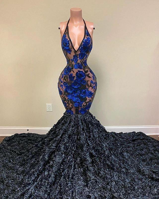 Amazing Black Appliques V-neck Halter Sleeveless Floor-length Mermaid Prom Dresses by misshow.com